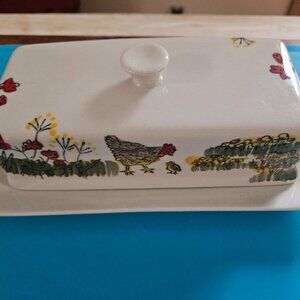 Paula Deen southern rooster lidded butter dish scene shows mother hen and chick